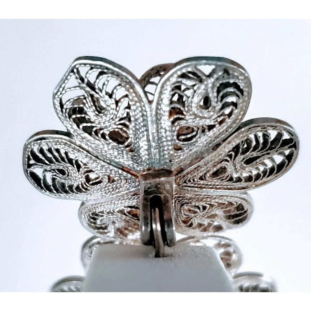 Vintage Sterling Silver Mexico Trio Filigree Design Rosebud Brooch Pin